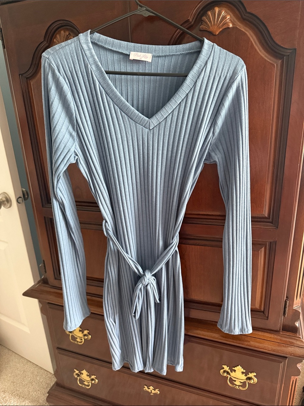 Pink Lily Slate Blue Ribbed V-Neck Long Sleeve Tie-Waist Dress